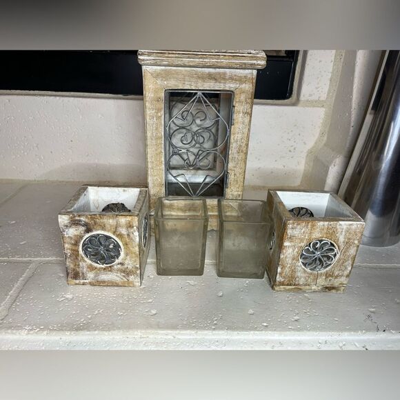 Pier 1 Imports Rustic Wooden Lantern with Metal Accents - Picture 2 of 10